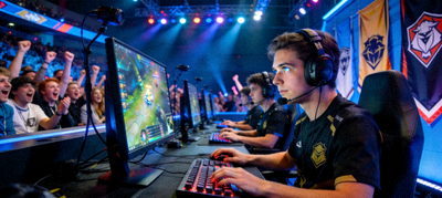 电竞比赛现场，选手在电脑前专注操作